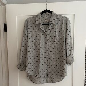 LOFT Gray Button-Down Shirt with Teal Dots